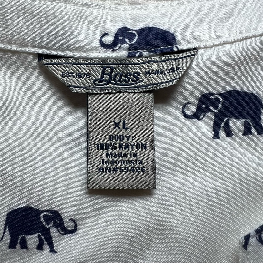 Bass White & Navy Elephant Print Long Tab Roll Sleeves Pull Over Shirt Womens XL - Picture 4 of 8